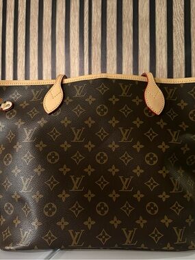 Louis Vuitton Striped Canvas Handbag Interior with Tan Trim and Red Piping